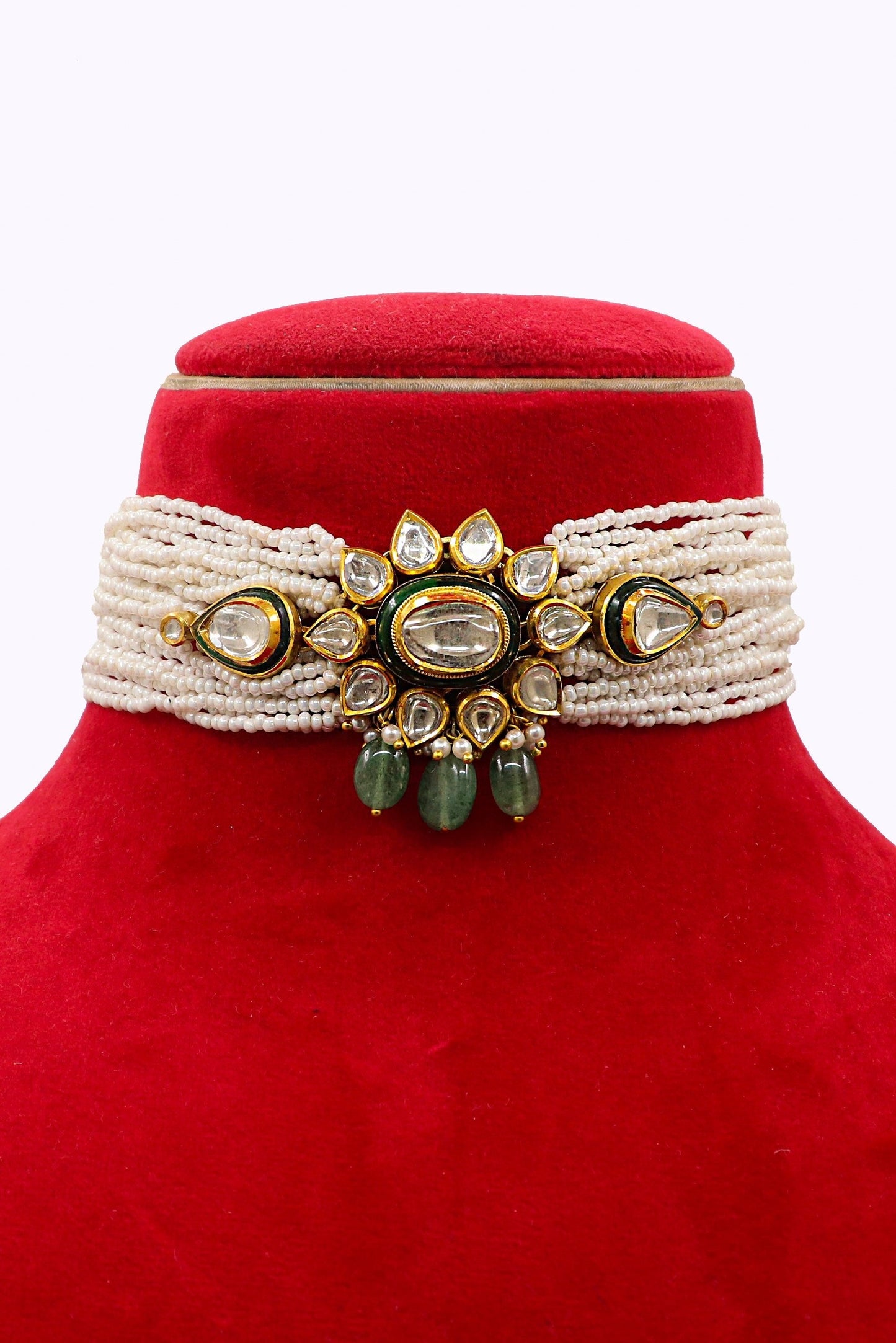 Pure Gold Pearl, Emerald With Polki Diamond Minakari Choker Adjustable Necklace - SurabhiJewels