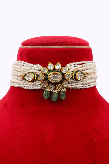 Pure Gold Pearl, Emerald With Polki Diamond Minakari Choker Adjustable Necklace - SurabhiJewels