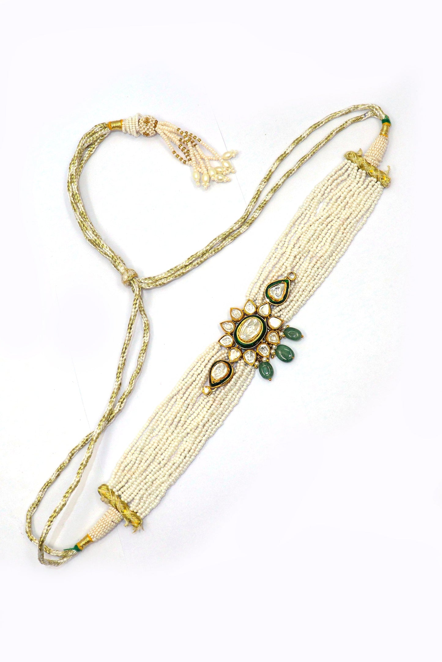 Pure Gold Pearl, Emerald With Polki Diamond Minakari Choker Adjustable Necklace - SurabhiJewels