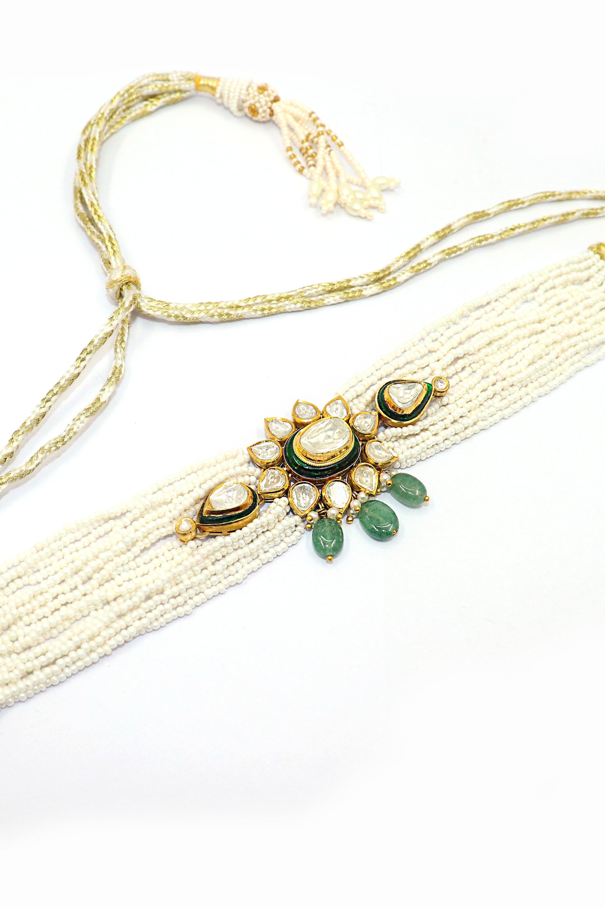 Pure Gold Pearl, Emerald With Polki Diamond Minakari Choker Adjustable Necklace - SurabhiJewels