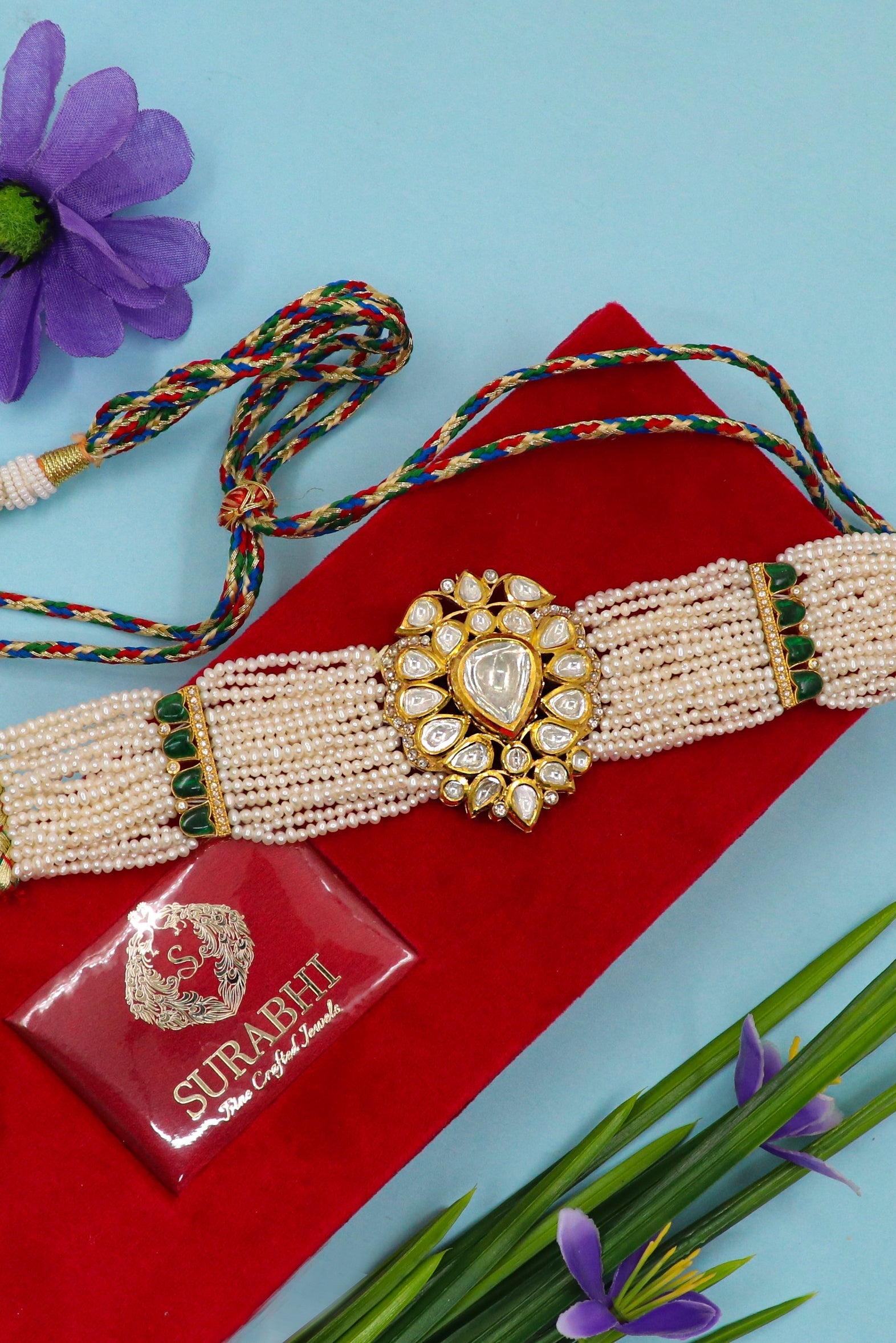 Pure Gold Pearl With Polki Diamond Minakari Choker Adjustable Necklace - SurabhiJewels