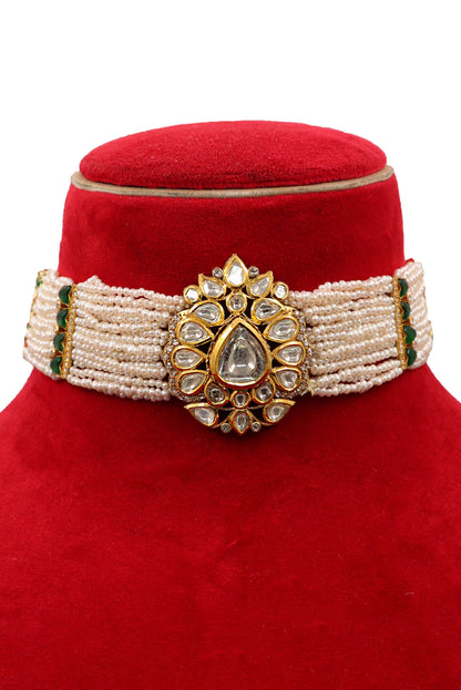 Pure Gold Pearl With Polki Diamond Minakari Choker Adjustable Necklace - SurabhiJewels