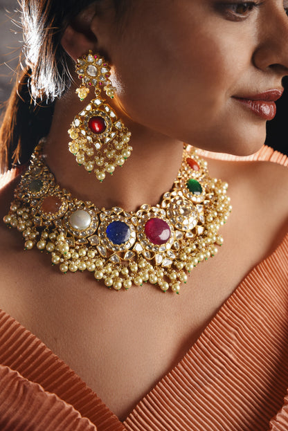 Quirky Navratan Necklace Set With 18kt Gold Uncut Diamond Gemstones - SurabhiJewels