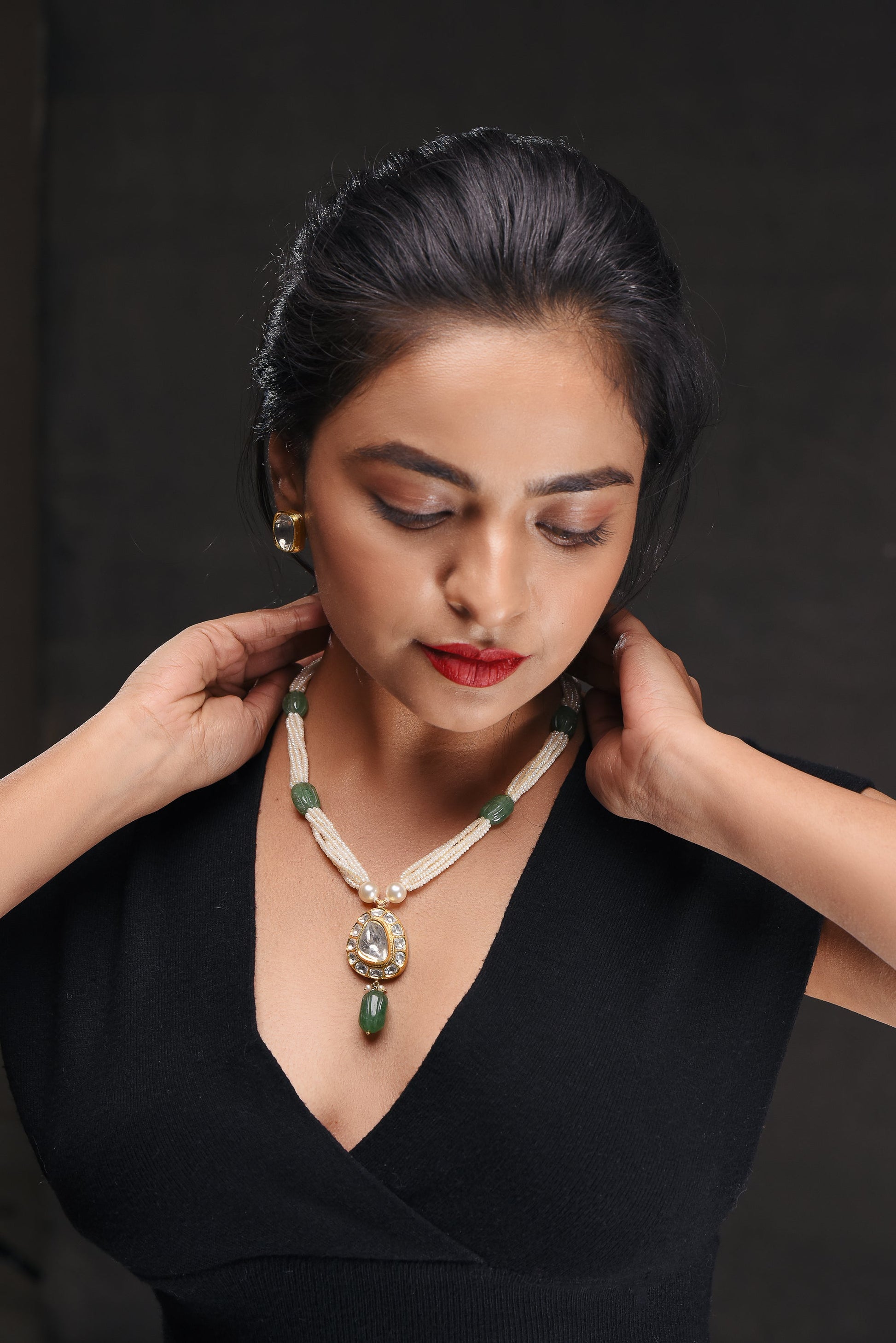 Remarkable Emerald & Pearls Necklace With 18kt Gold Gigantic Uncut Diamonds - SurabhiJewels