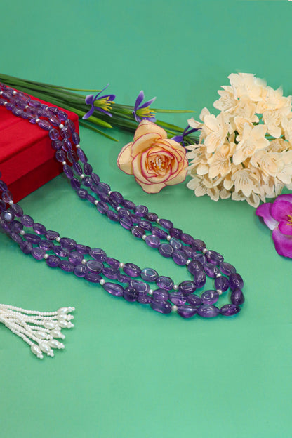 Sandhya Necklace : AMETHYST, PEARL Three Layer Necklace - SurabhiJewels