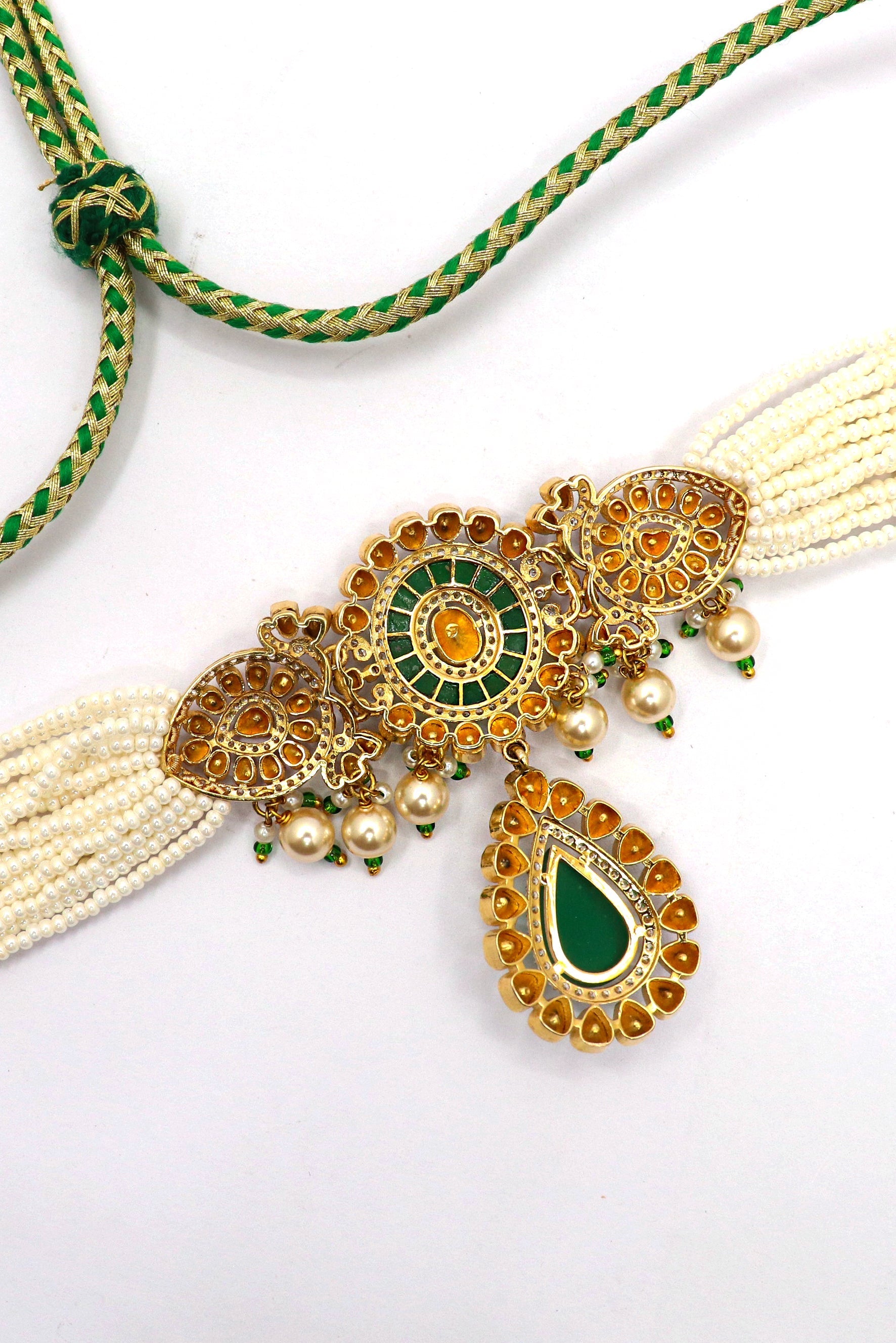 Sandhya Necklace : Pure Gold Emerald, Pearl With Moissanite Minakari Choker Necklace - SurabhiJewels