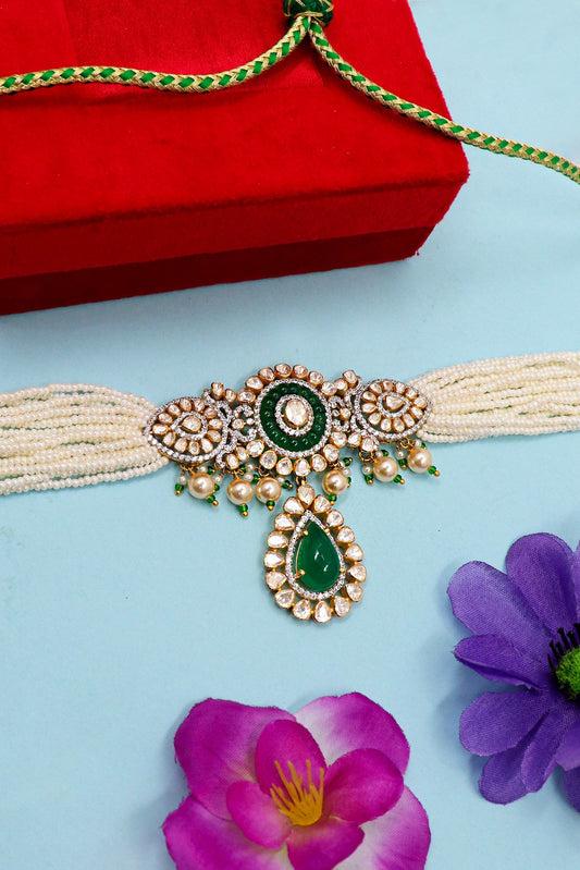 Sandhya Necklace : Pure Gold Emerald, Pearl With Moissanite Minakari Choker Necklace - SurabhiJewels