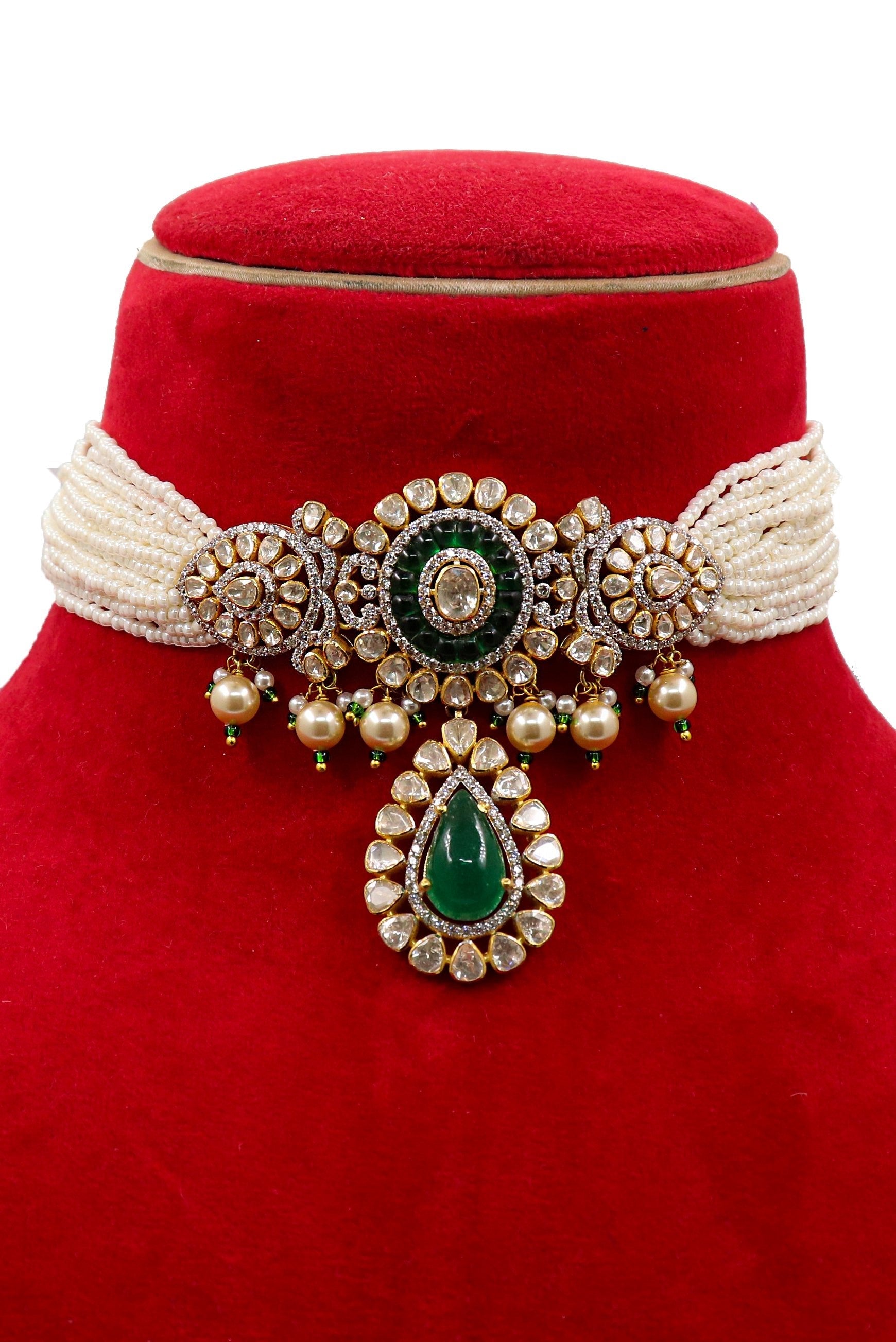 Sandhya Necklace : Pure Gold Emerald, Pearl With Moissanite Minakari Choker Necklace - SurabhiJewels