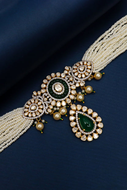 Sandhya Necklace : Pure Gold Emerald, Pearl With Moissanite Minakari Choker Necklace - SurabhiJewels