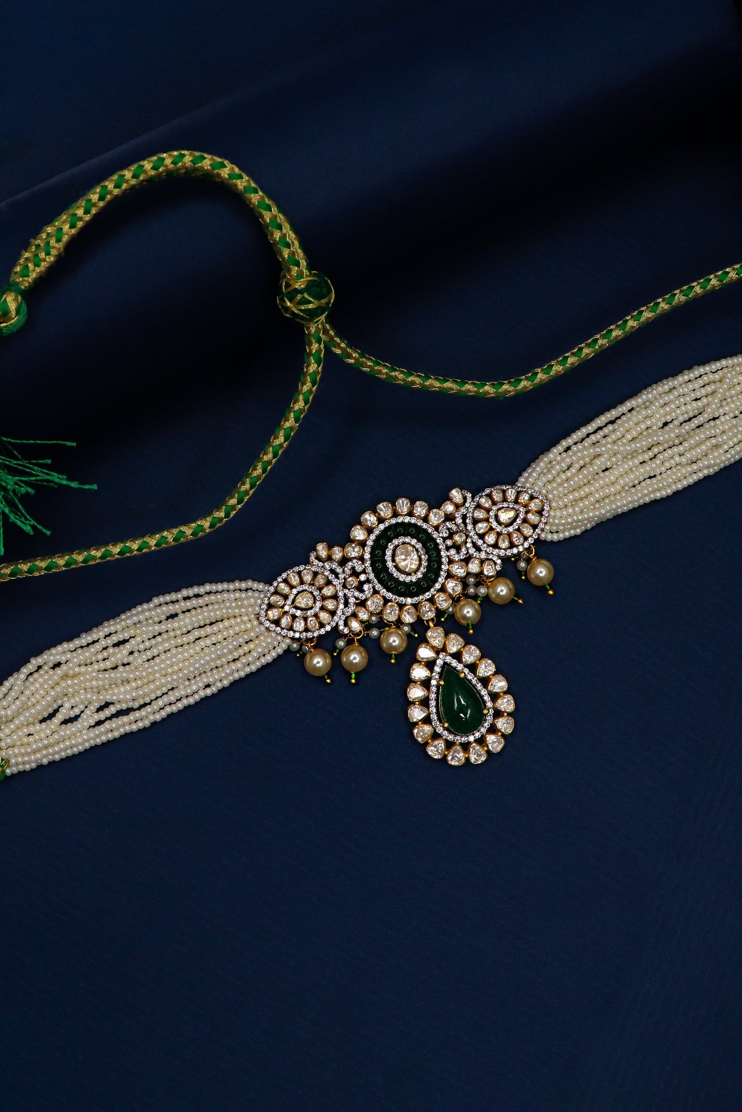 Sandhya Necklace : Pure Gold Emerald, Pearl With Moissanite Minakari Choker Necklace - SurabhiJewels