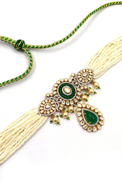 Sandhya Necklace : Pure Gold Emerald, Pearl With Moissanite Minakari Choker Necklace - SurabhiJewels