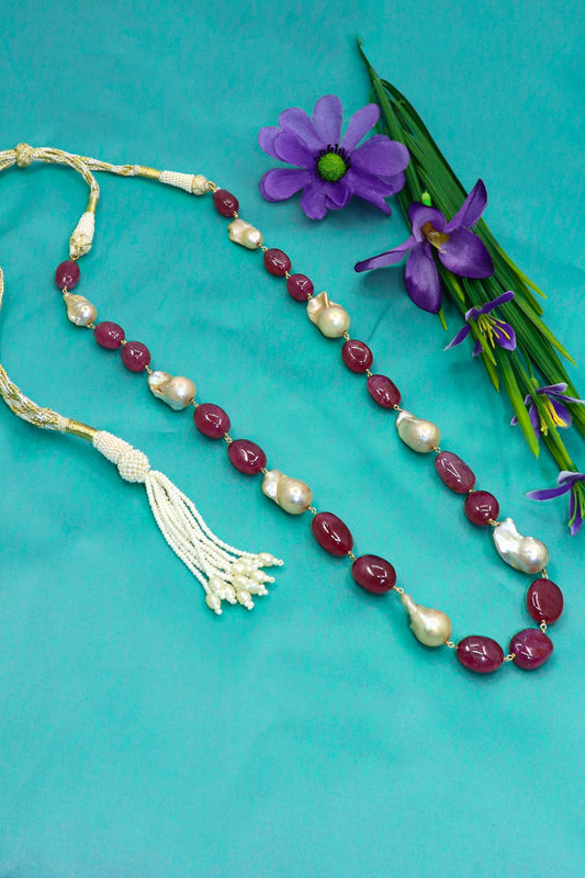 Shubhra Necklace : Ruby Gemstone Sea Pearl Necklace - SurabhiJewels