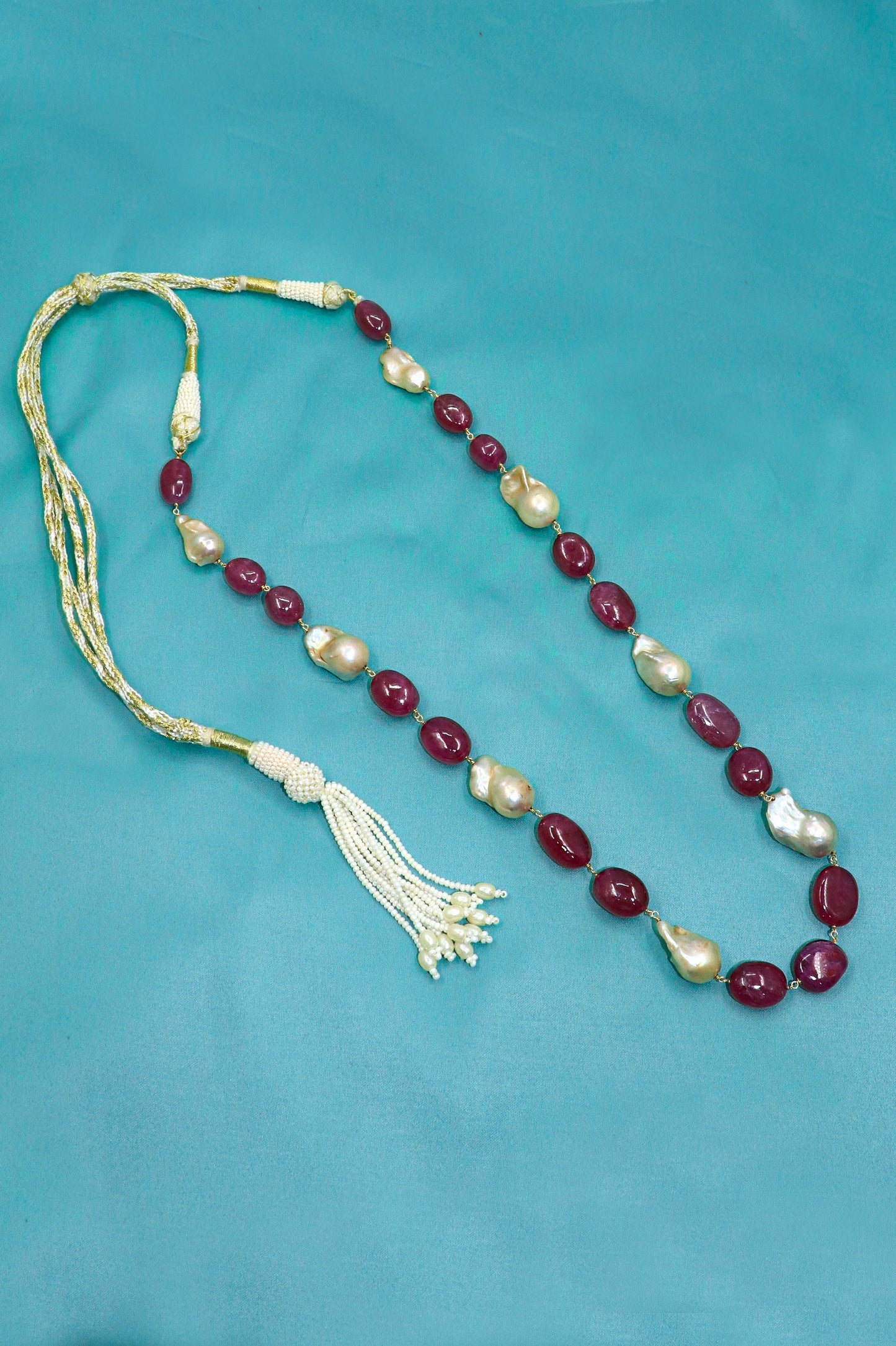 Shubhra Necklace : Ruby Gemstone Sea Pearl Necklace - SurabhiJewels