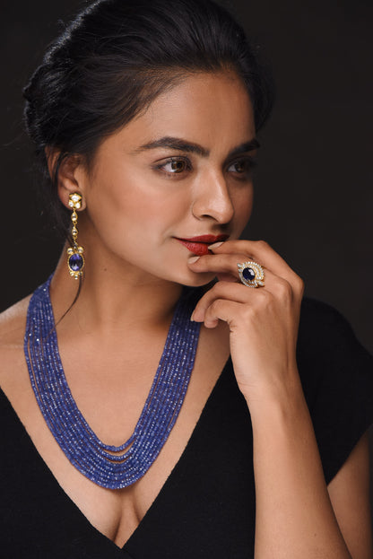 Signature 7 Line Beaded Necklace With Natural Blue Sapphire - SurabhiJewels