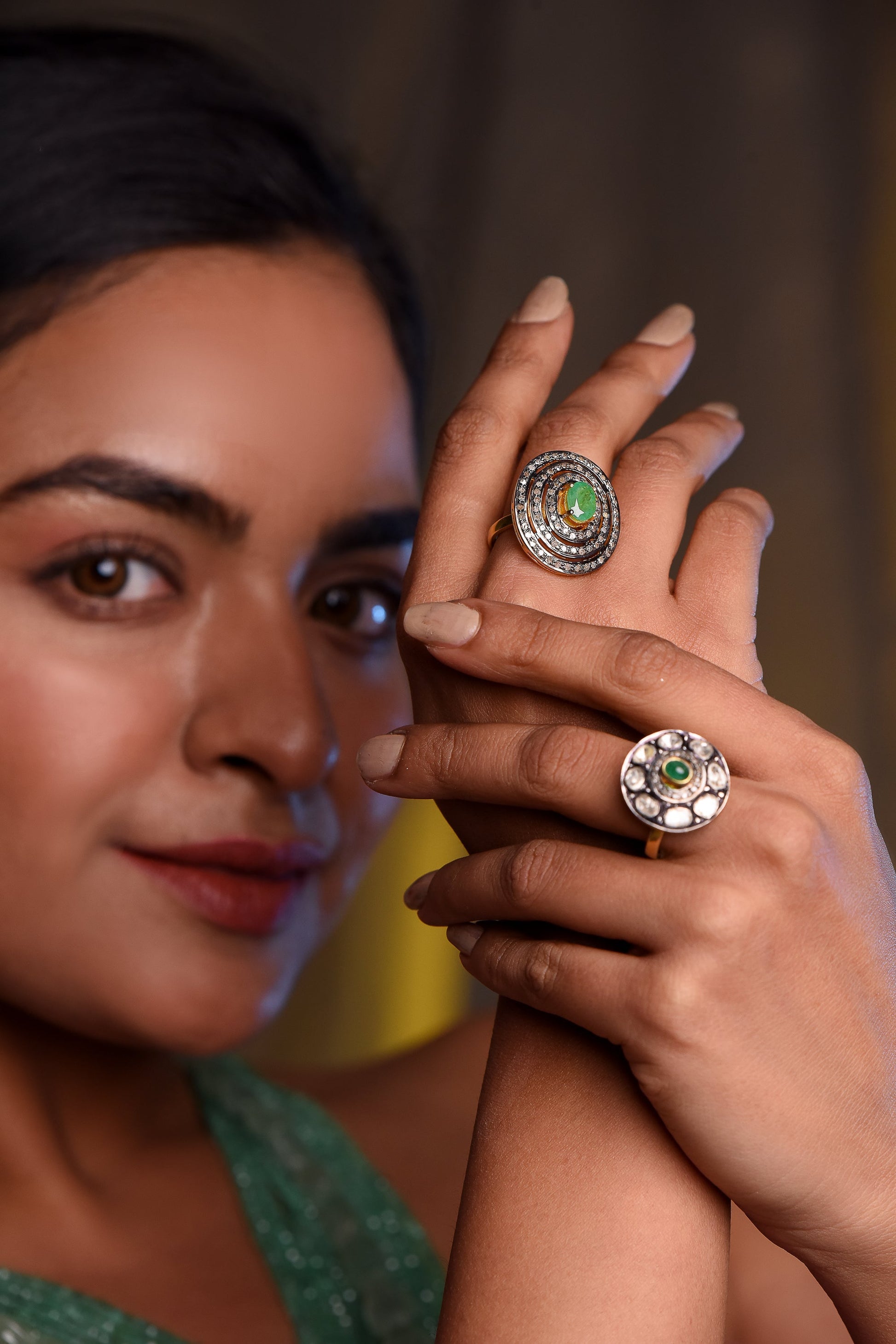 Sterling Diamond & Emerald Victorian Ring - SurabhiJewels