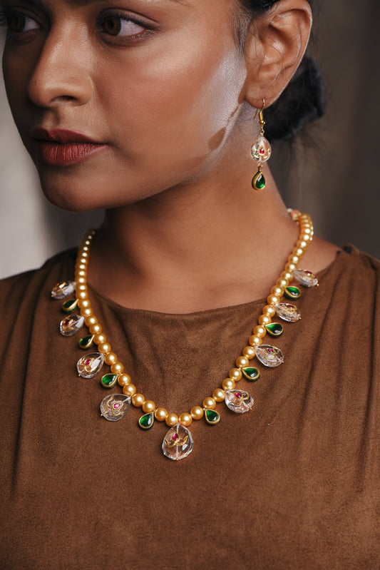 Tasteful Emerald Ruby & Pearl Neckalce Set With 18kt Gold Crystal - SurabhiJewels