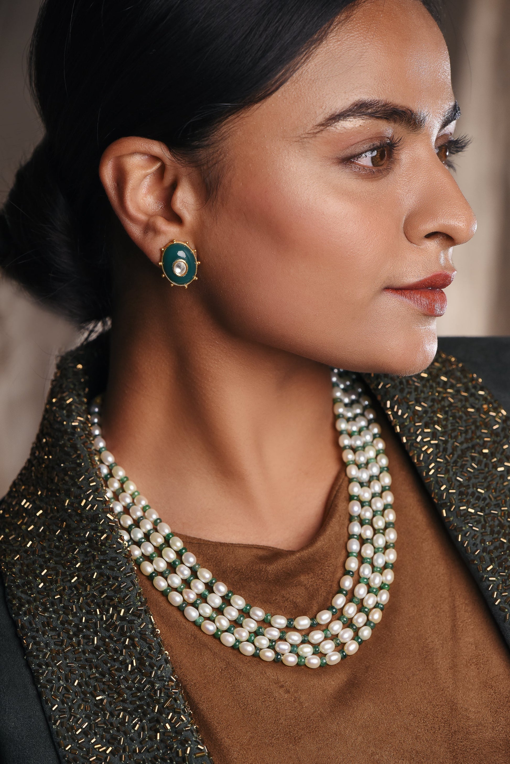 Untainted Emeralds With Pearl 4 Line Beaded Necklace - SurabhiJewels