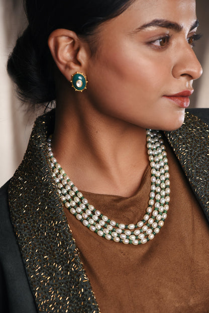 Untainted Emeralds With Pearl 4 Line Beaded Necklace - SurabhiJewels