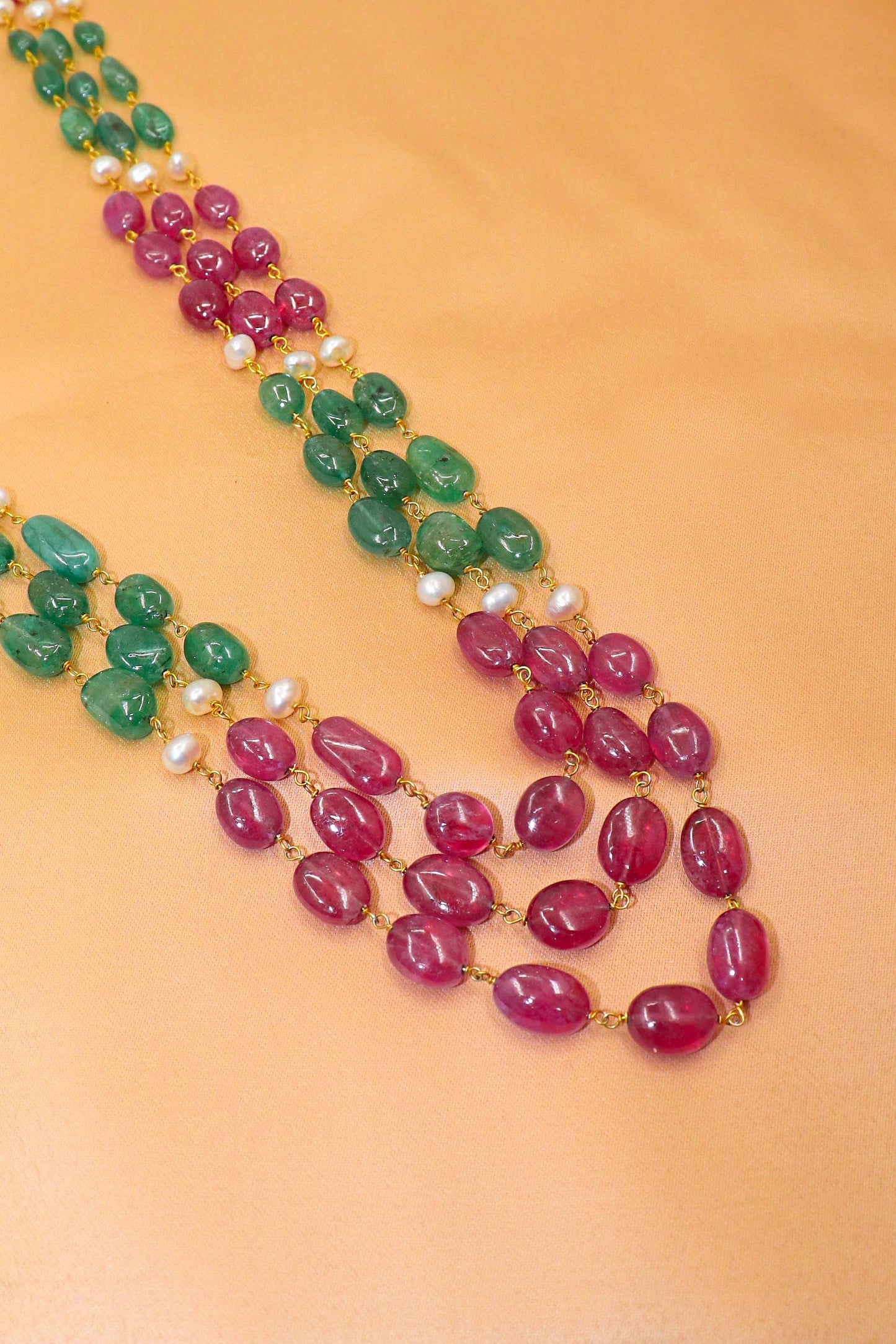 Vikhyata Necklace : UNTAINTED EMERALDS, Ruby WITH PEARL Three LINE BEADED NECKLACE - SurabhiJewels