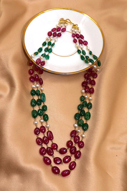 Vikhyata Necklace : UNTAINTED EMERALDS, Ruby WITH PEARL Three LINE BEADED NECKLACE - SurabhiJewels