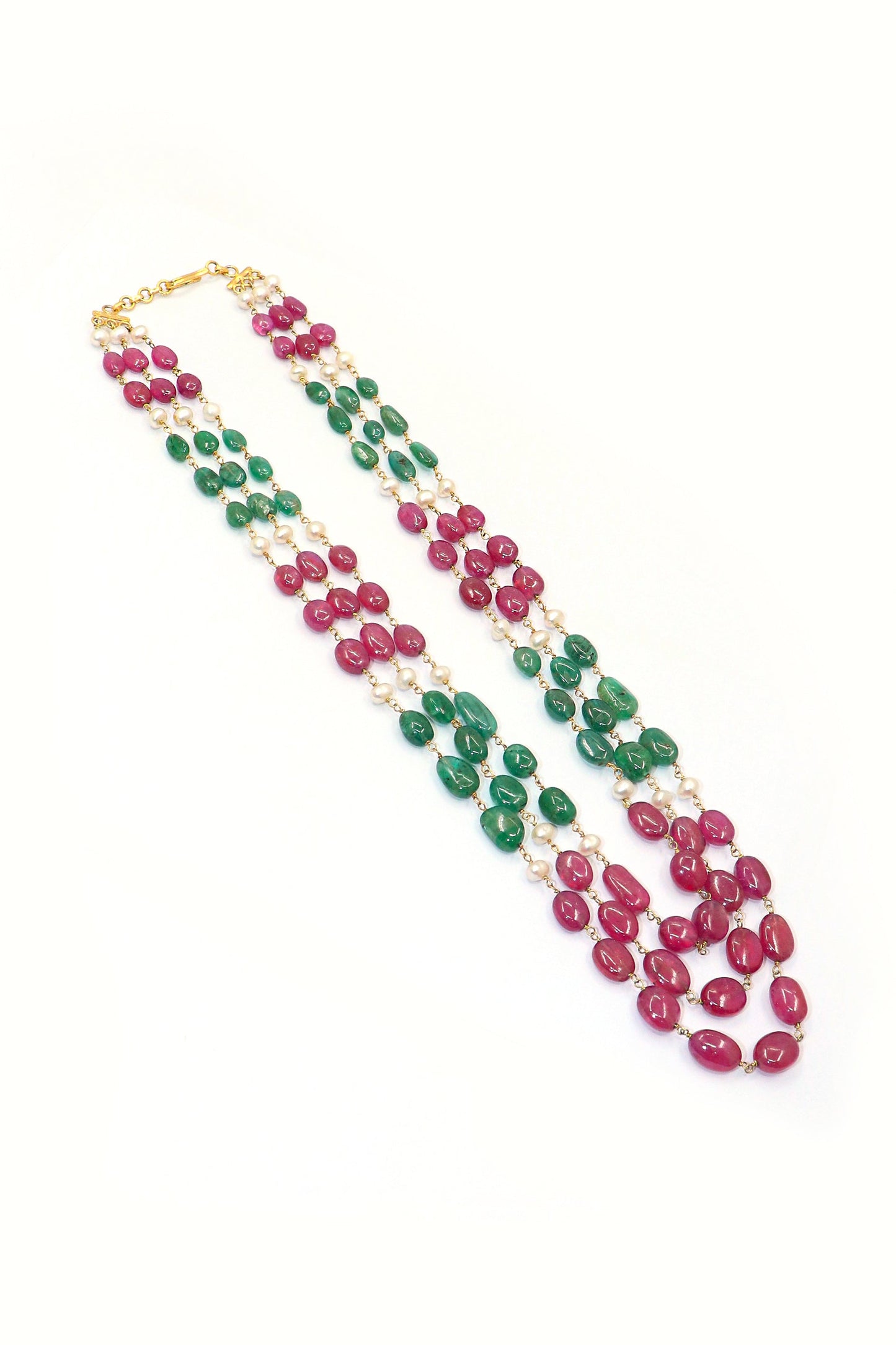 Vikhyata Necklace : UNTAINTED EMERALDS, Ruby WITH PEARL Three LINE BEADED NECKLACE - SurabhiJewels