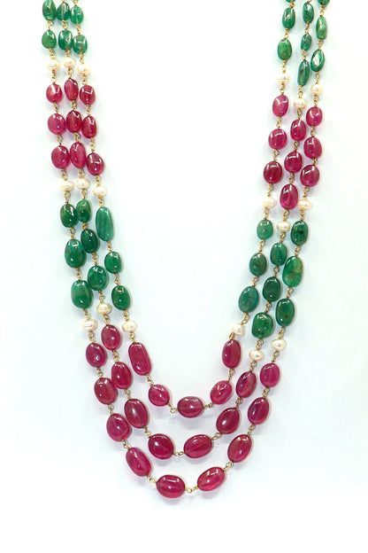 Vikhyata Necklace : UNTAINTED EMERALDS, Ruby WITH PEARL Three LINE BEADED NECKLACE - SurabhiJewels