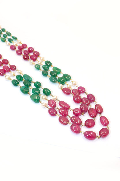 Vikhyata Necklace : UNTAINTED EMERALDS, Ruby WITH PEARL Three LINE BEADED NECKLACE - SurabhiJewels