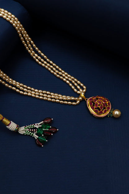 Yashaswini Necklace : Pure Gold Ruby, Emerald, Sea Peral Jadau Necklace - SurabhiJewels