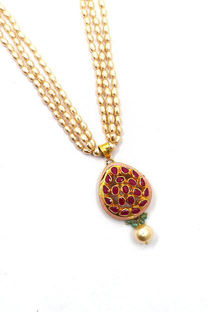 Yashaswini Necklace : Pure Gold Ruby, Emerald, Sea Peral Jadau Necklace - SurabhiJewels