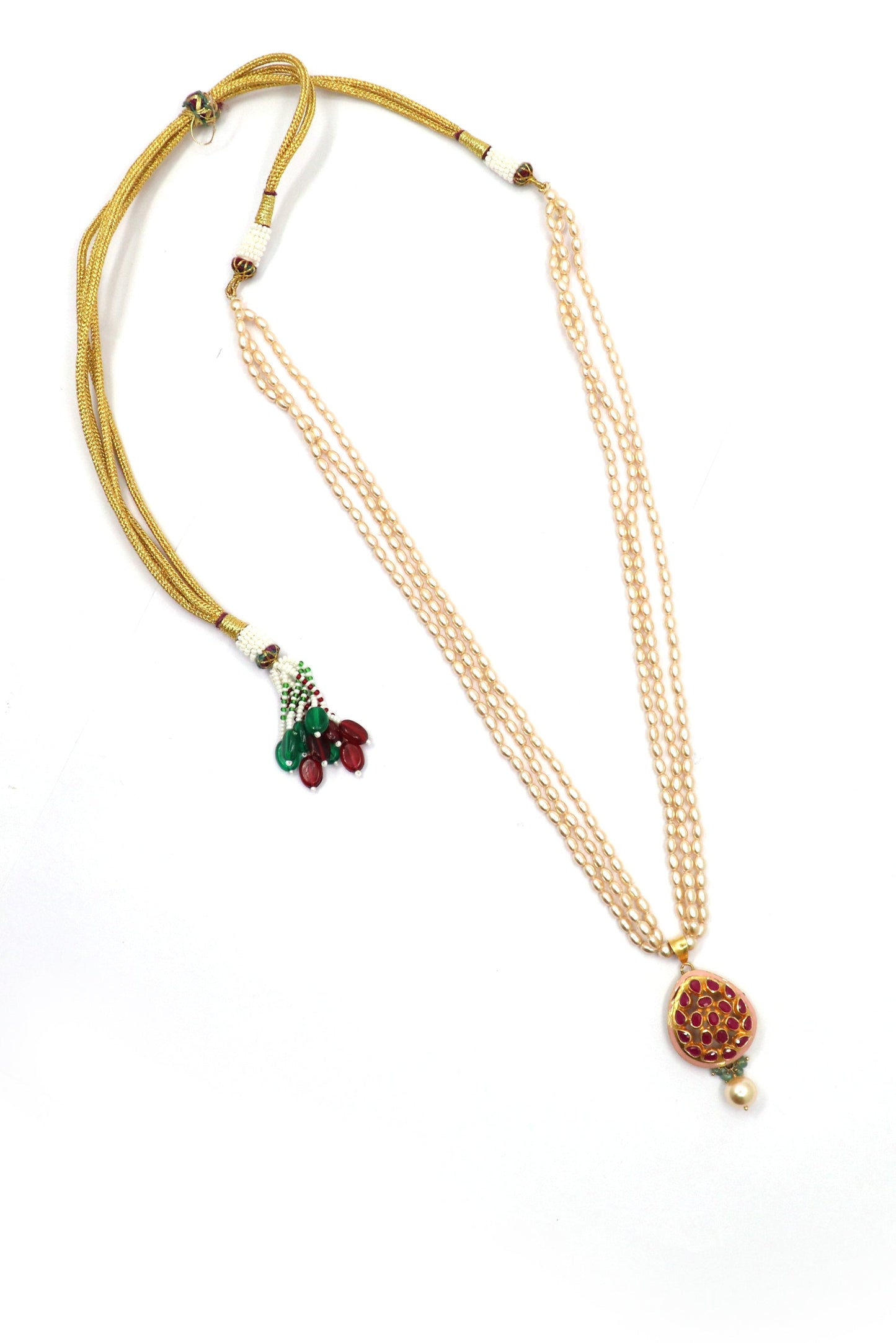 Yashaswini Necklace : Pure Gold Ruby, Emerald, Sea Peral Jadau Necklace - SurabhiJewels